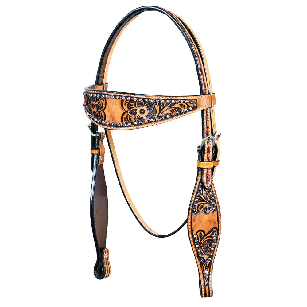 Hilason Western Horse Genuine American Leather Headstall Floral Antique Tan | Bridle 1