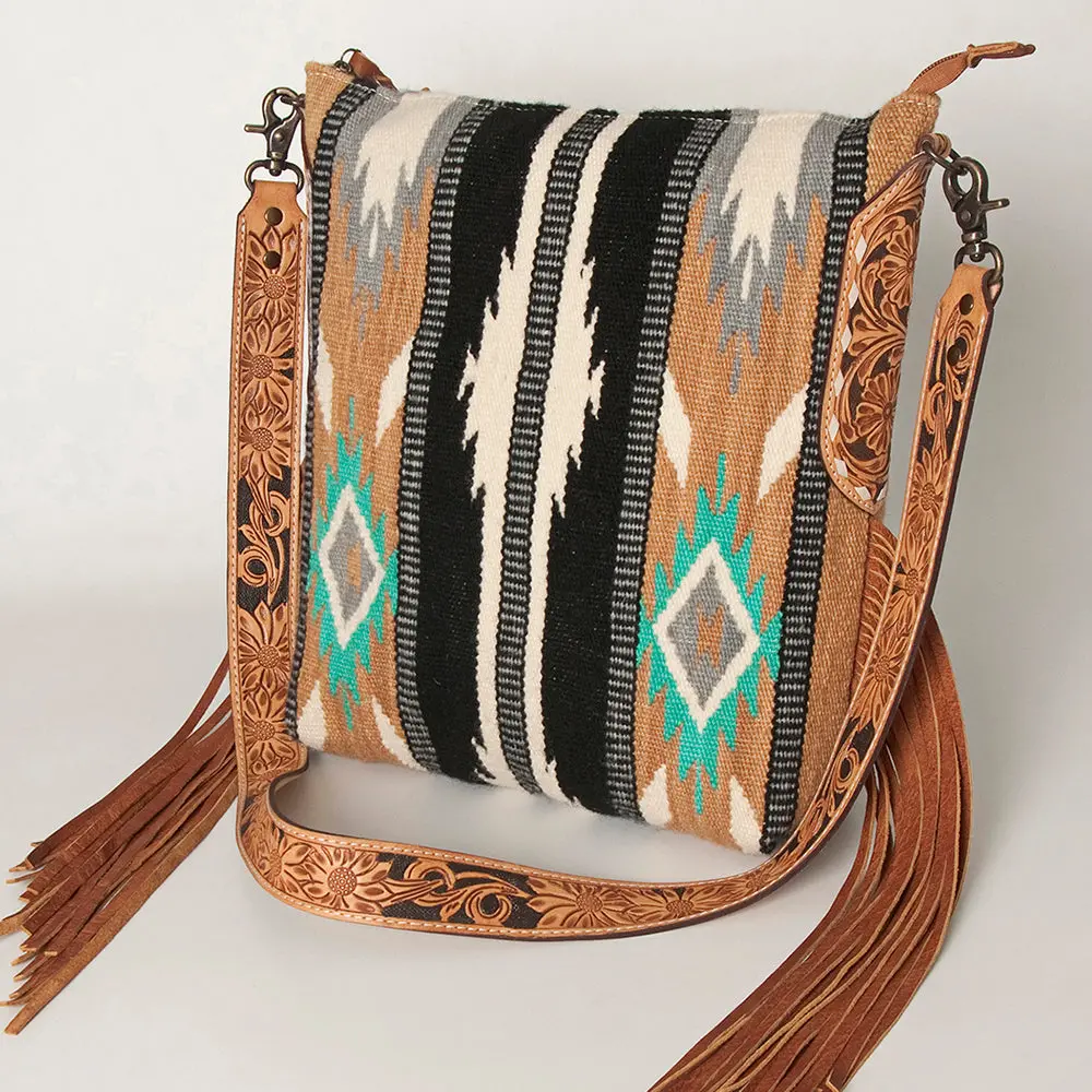 American Darling Cross Body Bag Western Hand Tooled Genuine Leather And Saddle Blanket Purse With Fringes And Ykk Zipper 1