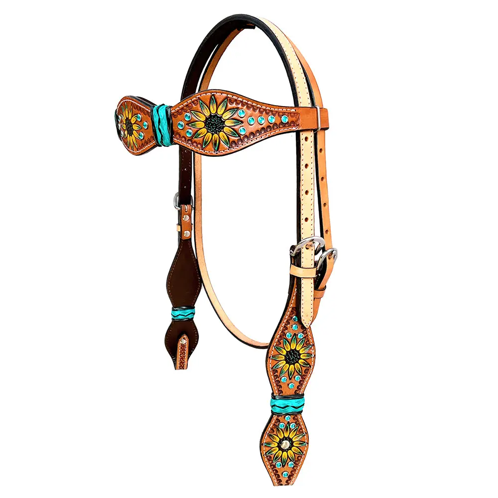 Hilason Western Horse Headstall Rawhide Braided American Leather Sunflower 1