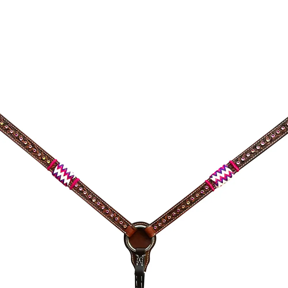 Bar H Equine Horse Genuine Leather Rawhide Stud Breast Collar ,Headstall Brown 1