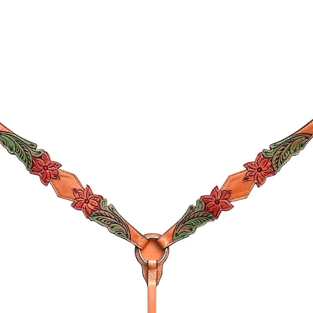 Bar H Equine Horse Genuine Leather Floral Design Hand Painted Breast Collar ,Headstall Brown 1