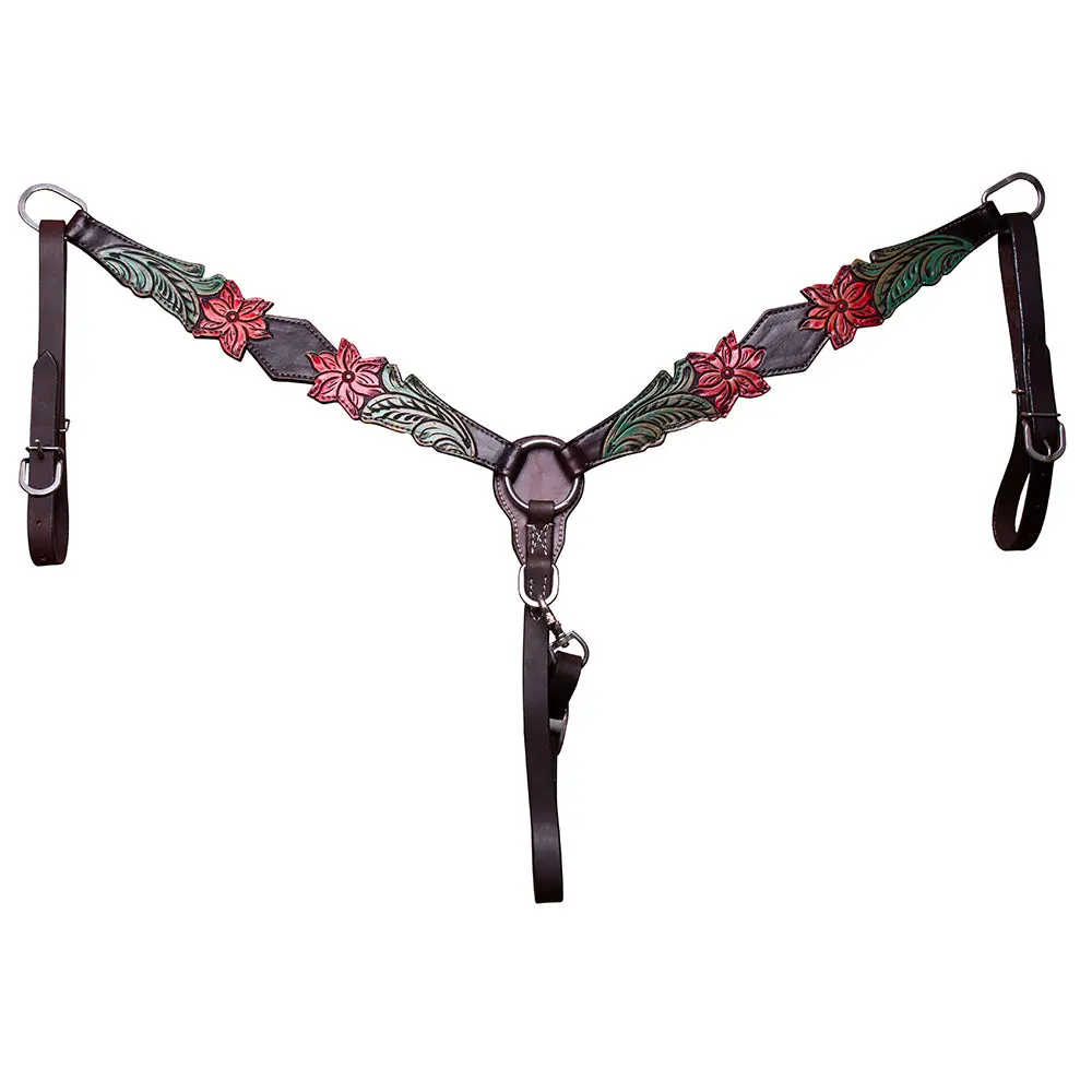Bar H Equine Horse Hand Painted Breast Collar Headstall Genuine Leather Brown 1