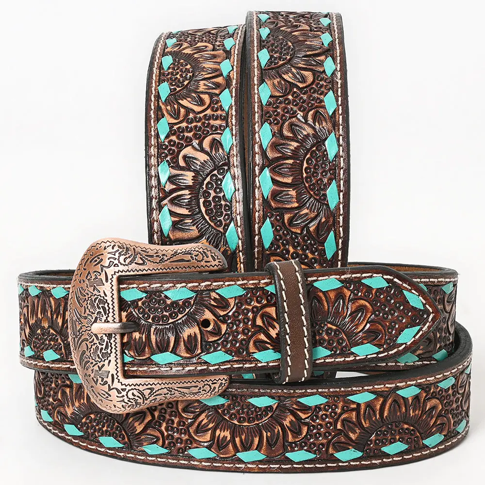 Bar H Equine Brown Turquoise Sunflower Floral Hand Carved Fashion Premium Leather Belt Unisex Western With Removable Buckle 1
