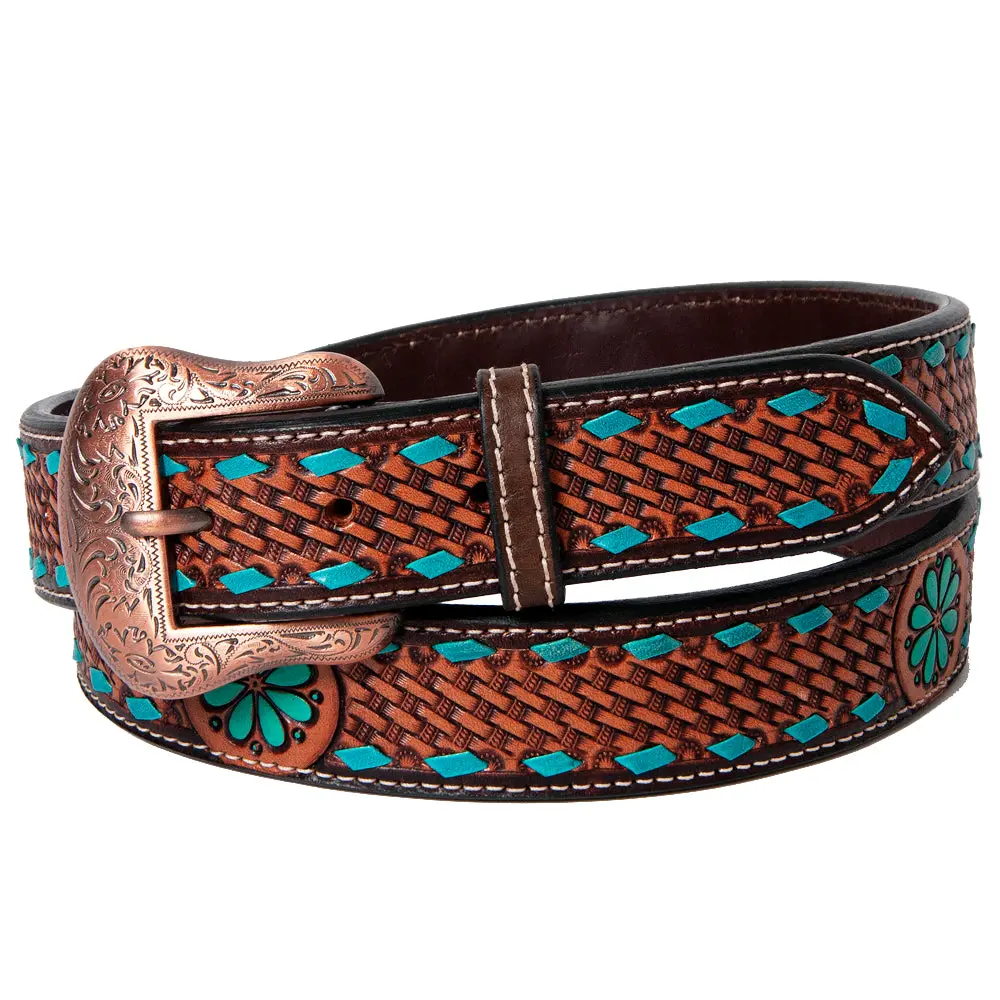 Bar H Equine Brown Turquoise Buckstitch Flower Basket Hand Tooled Fashion Premium Leather Belt Unisex Western Removable Buckle 1