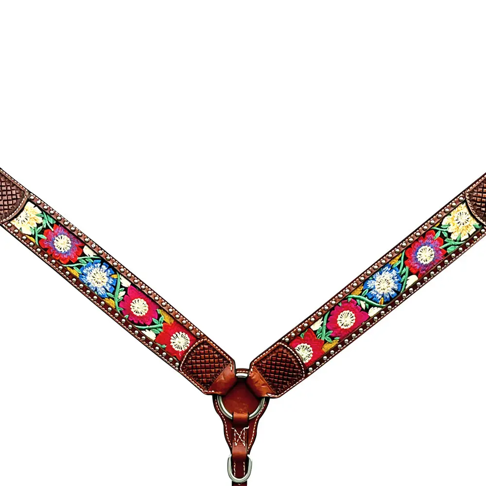 Bar H Equine Horse Genuine Leather Embroidery Design Breast Collar ,Headstall Brown 2