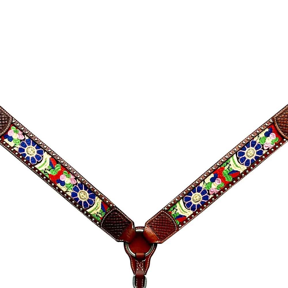 Bar H Equine Horse Genuine Leather Embroidery Design Breast Collar ,Headstall Brown 2
