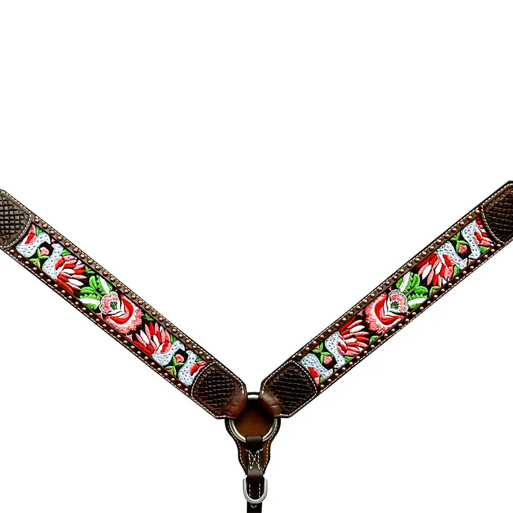 Bar H Equine Horse Genuine Leather Embroidery Design Breast Collar ,Headstall Brown 1