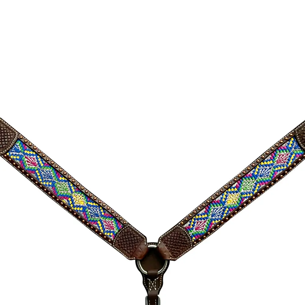 Bar H Equine Horse Genuine Leather Embroidery Design Breast Collar ,Headstall Brown 1