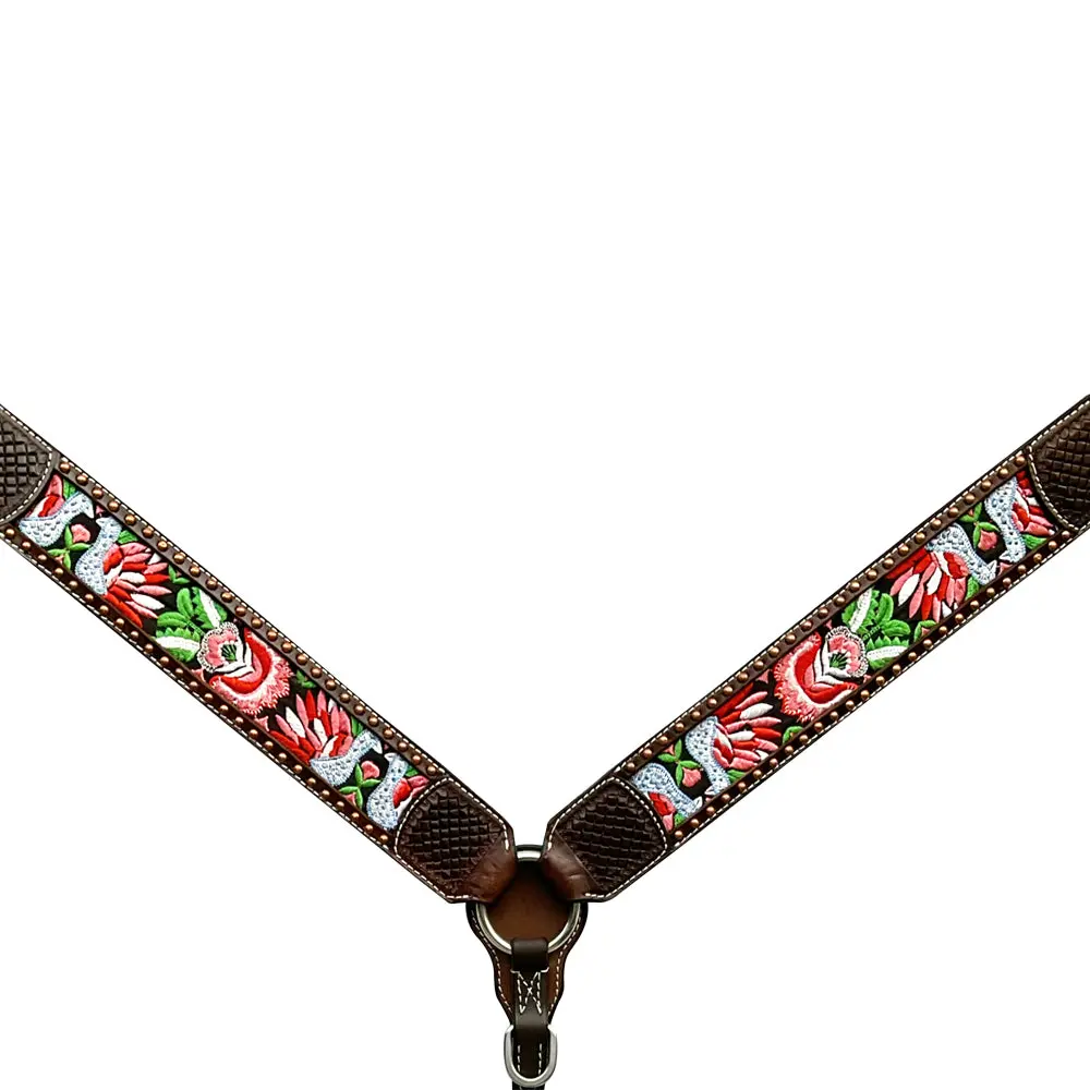 Bar H Equine Horse Genuine Leather Embroidery Design Breast Collar ,Headstall Brown 2