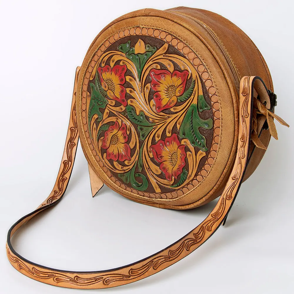 American Darling Canteen Bag, Handcrafted Western Purse, Genuine Leather Hand Tooled Floral Design, Round Crossbody Bag 1