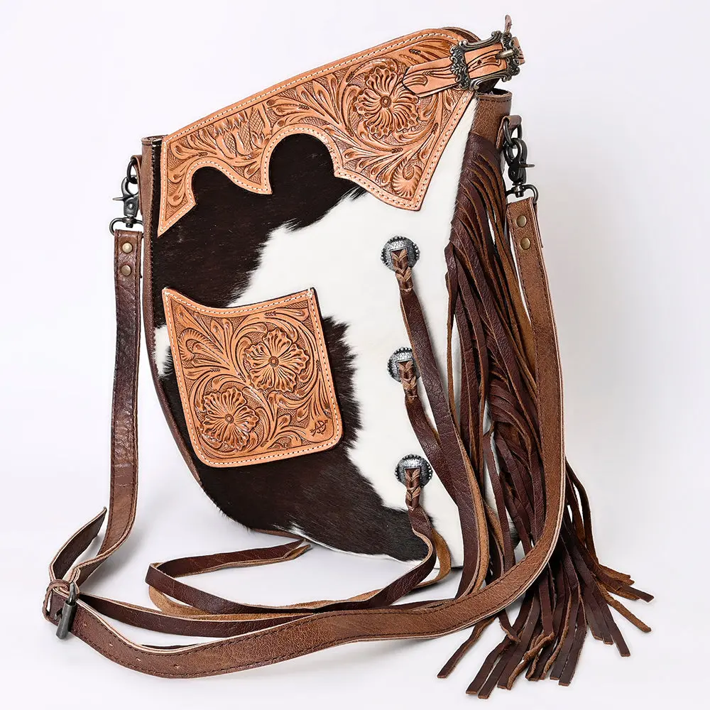 American Darling Large Cross Body Bag, Genuine Leather Western Purse With Hair-On Cowhide, Hand Tooled Floral Detail & Fringe 1