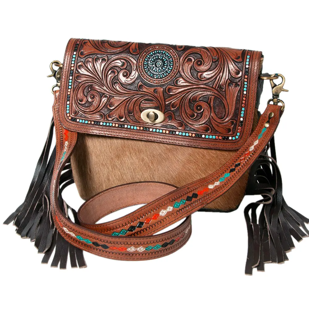 Kbk104 - -Cross Body Hand Tooled Saddle Leather With Cowhide Ladies Bag Kbk1 1