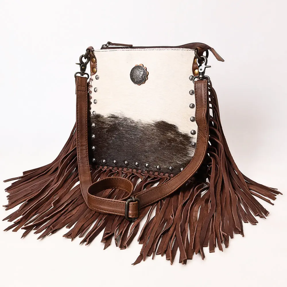 American Darling Western Cross Body Bag, Hair-On Cowhide Full Grain Leather With Fringes And Rivets, Handcrafted Boho Purse 1
