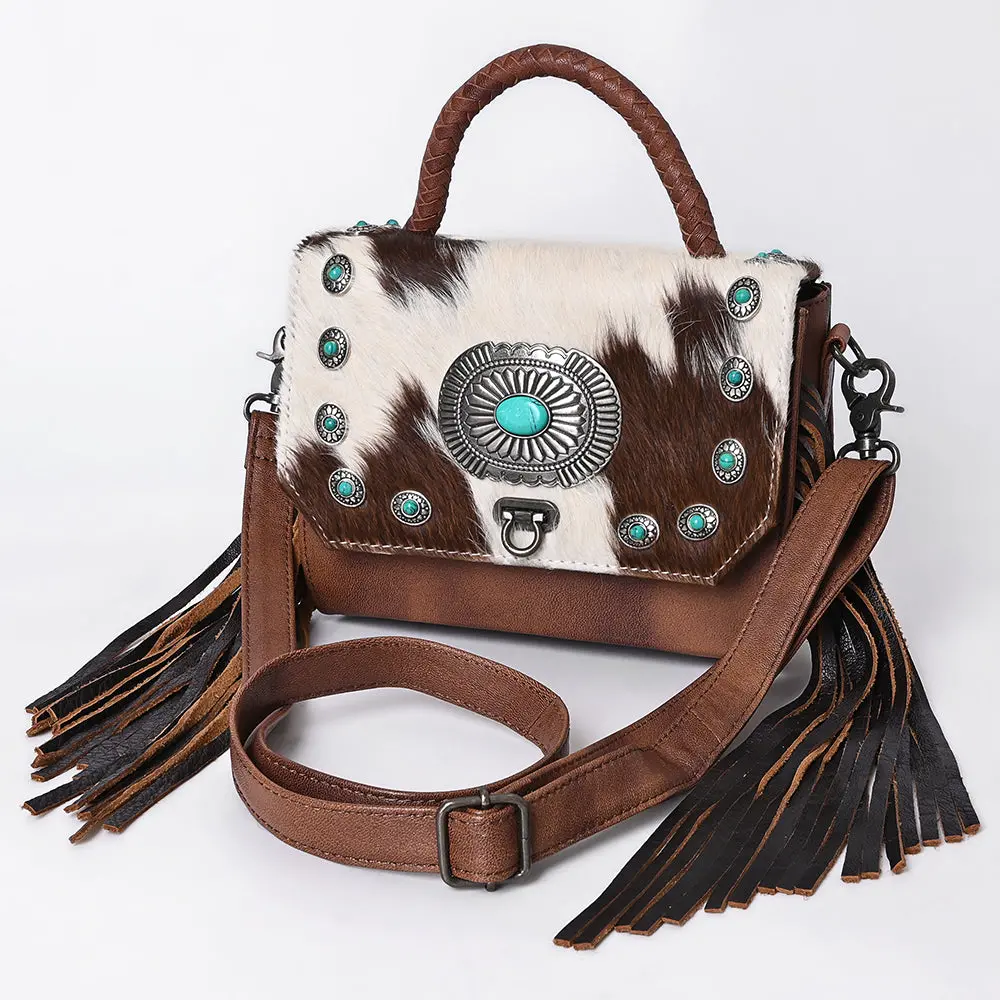 American Darling Western Messenger Bag, Hair-On Cowhide Full Grain Leather With Fringes And Concho, Handcrafted Boho Purse 1