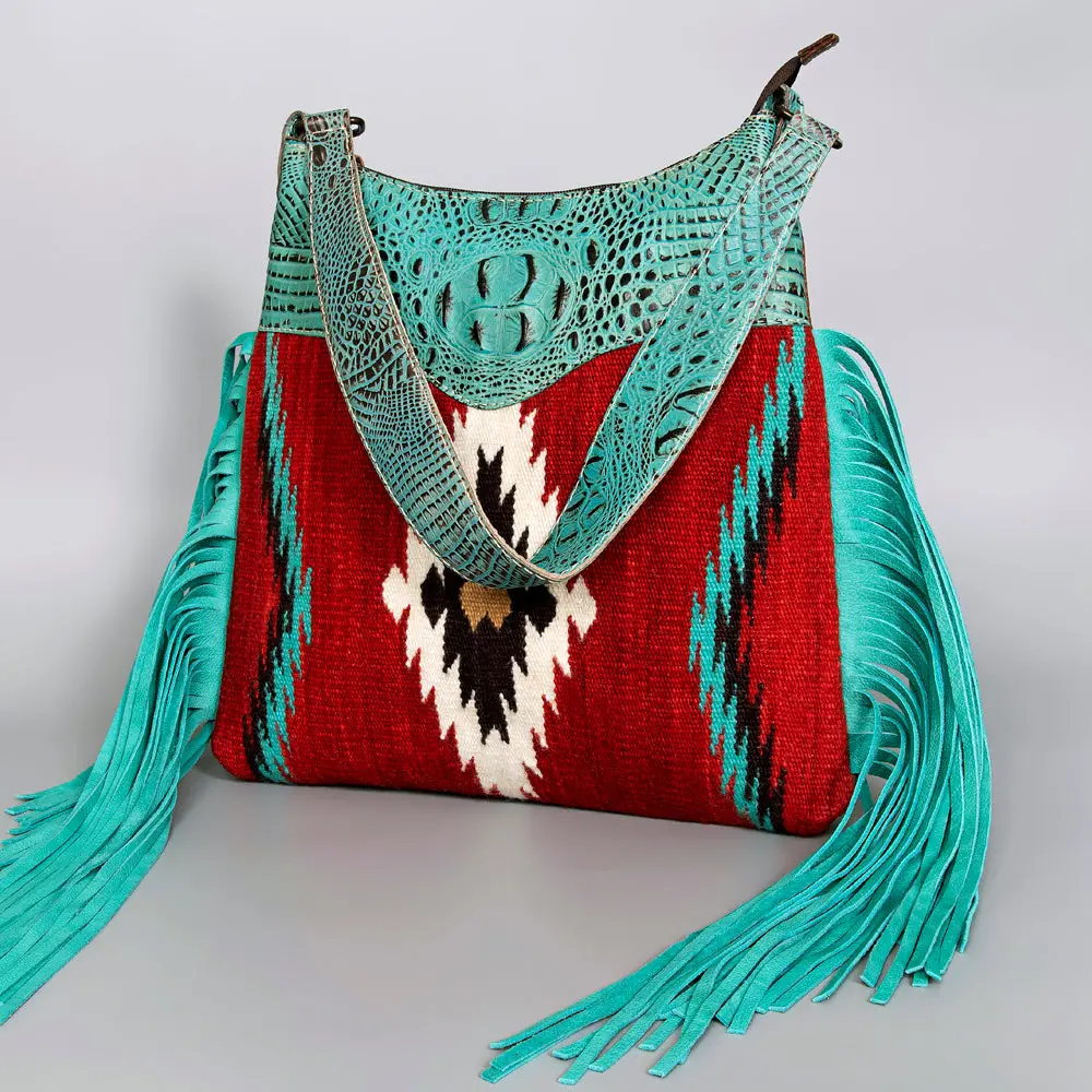 American Darling Western Cross Body Bag, Crocodile Embossed Full Grain Leather With Hand-Woven Saddle Blanket & Fringes 1