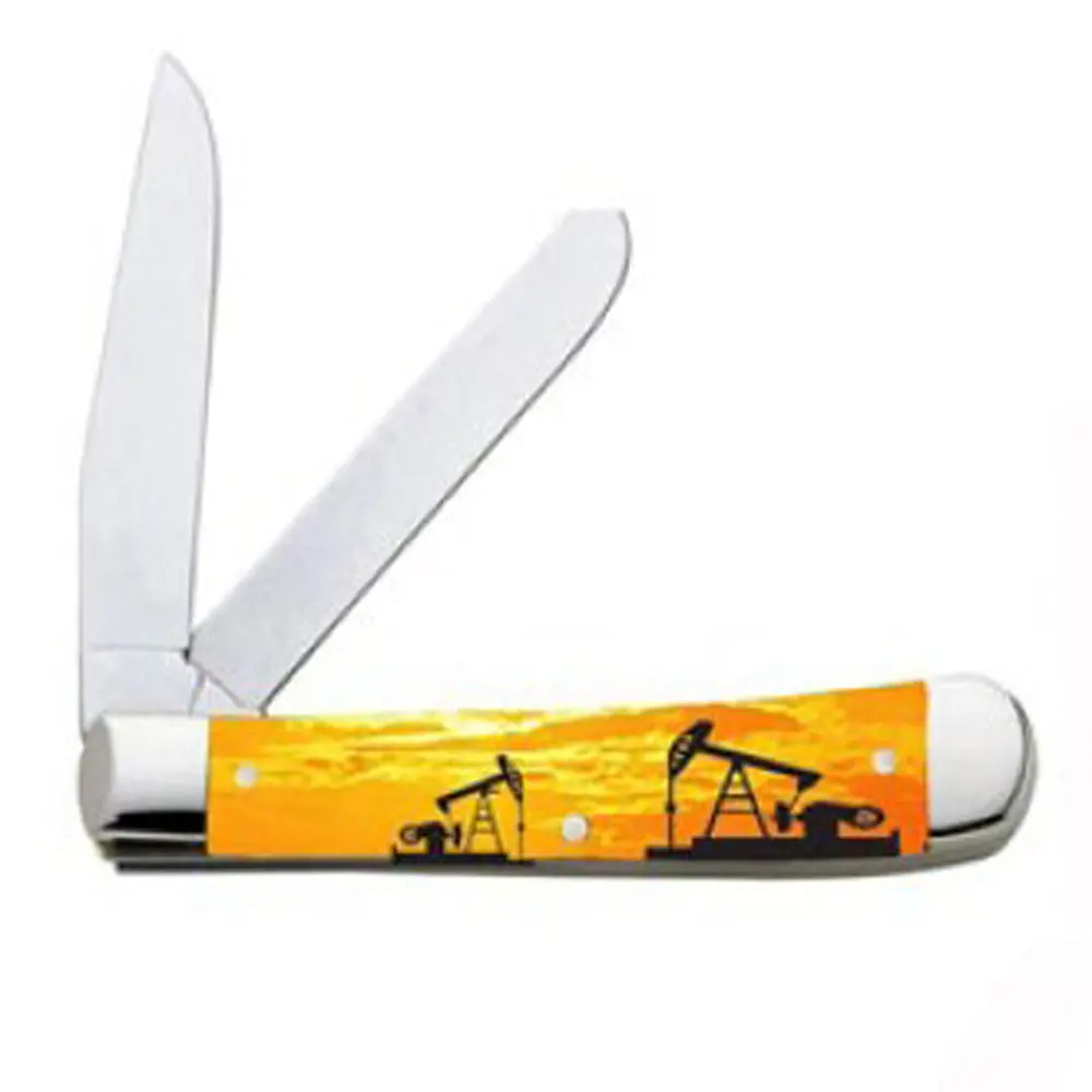 Circle Sh Cutlery Acrylic Orange Pumpjack Print Trapper Knife 1