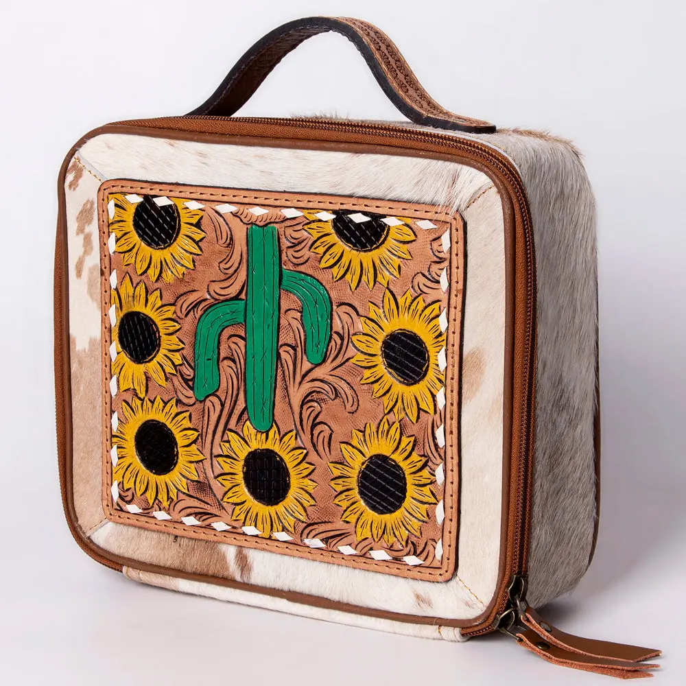 American Darling Jewelry Case For Women - Hair-On Cowhide, Hand Tooled Floral Carved Genuine Leather Travel Organizer 3