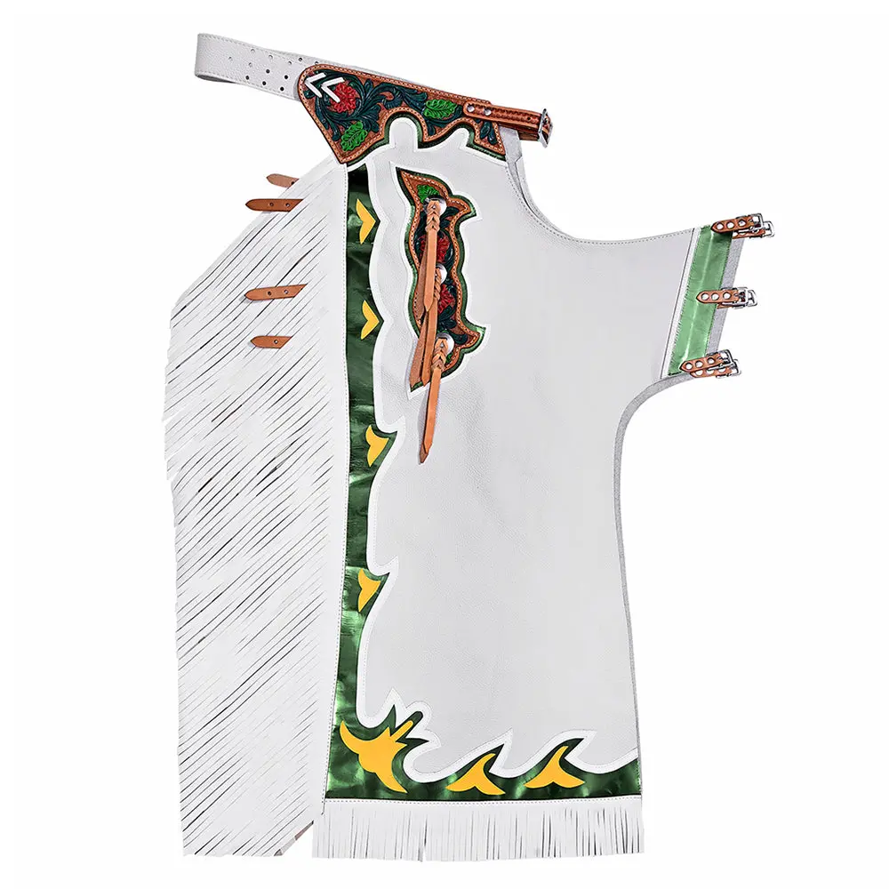 Hilason Bronc Bull Riding Genuine Leather Rodeo Western Chaps White Green Base | For Men And Women Unisex 1