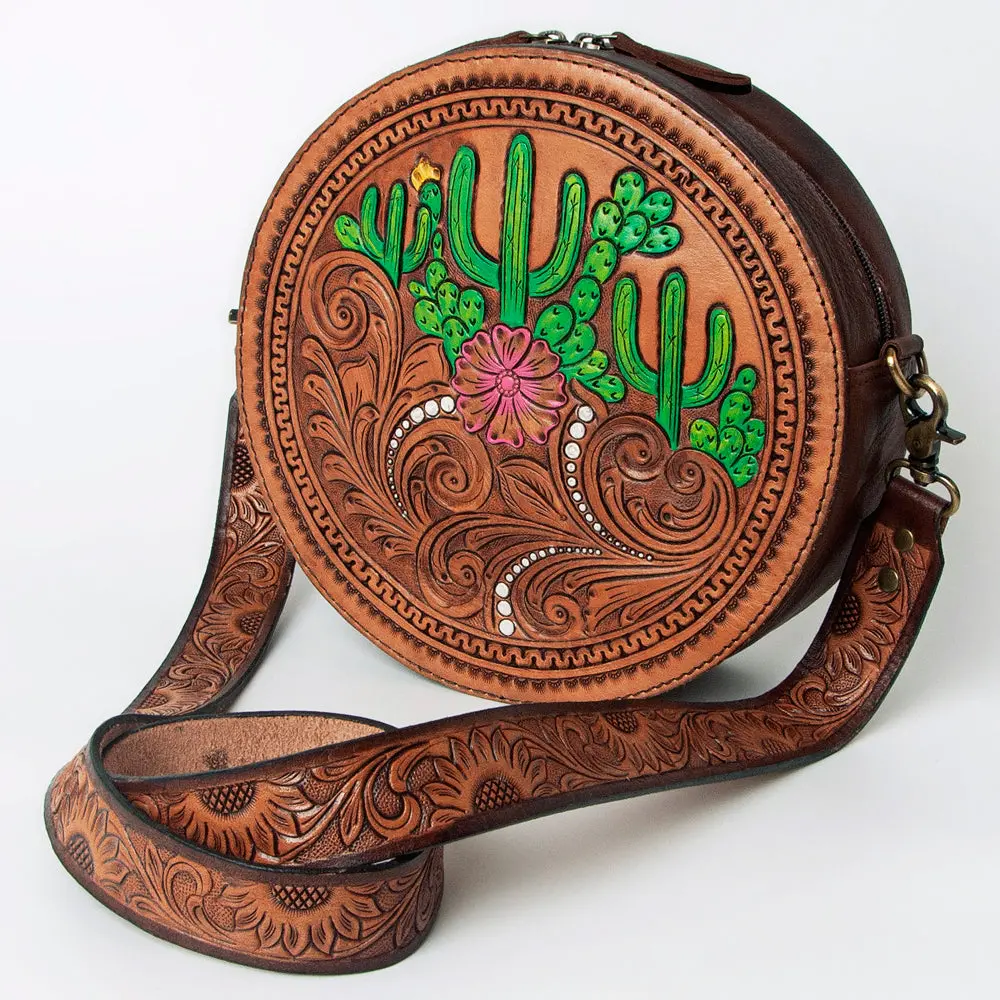 American Darling Canteen Bag For Women - Hand Tooled Floral Carved Genuine Leather Round Crossbody With Ykk Zipper 1