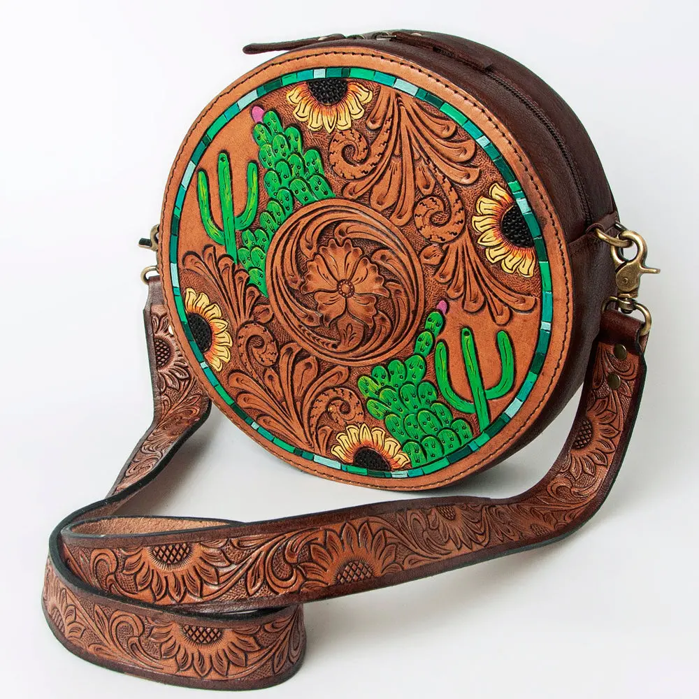 American Darling Canteen Bag For Women - Hand Tooled Floral Carved Genuine Leather Round Crossbody With Ykk Zipper 1