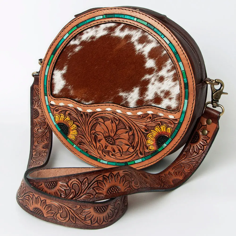 American Darling Canteen Bag For Women - Hand Tooled Floral Carved Genuine Leather Round Crossbody With Ykk Zipper 1