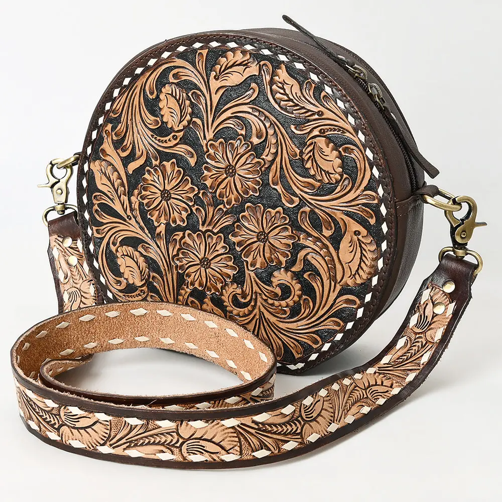 American Darling Canteen Bag For Women - Hand Tooled Floral Carved Genuine Leather Round Crossbody With Ykk Zipper 1