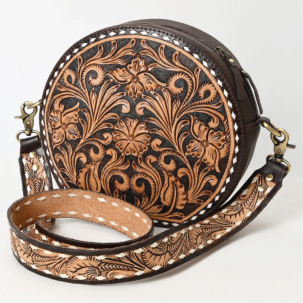 American Darling Canteen Bag For Women - Buck Stitched, Hand Tooled Floral Carved Genuine Leather Round Crossbody 1