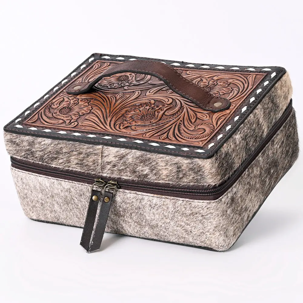 American Darling Jewelry Case For Women - Hand Tooled Floral Carved Leather, Hair-On Cowhide & Buck Stitched Organizer 1
