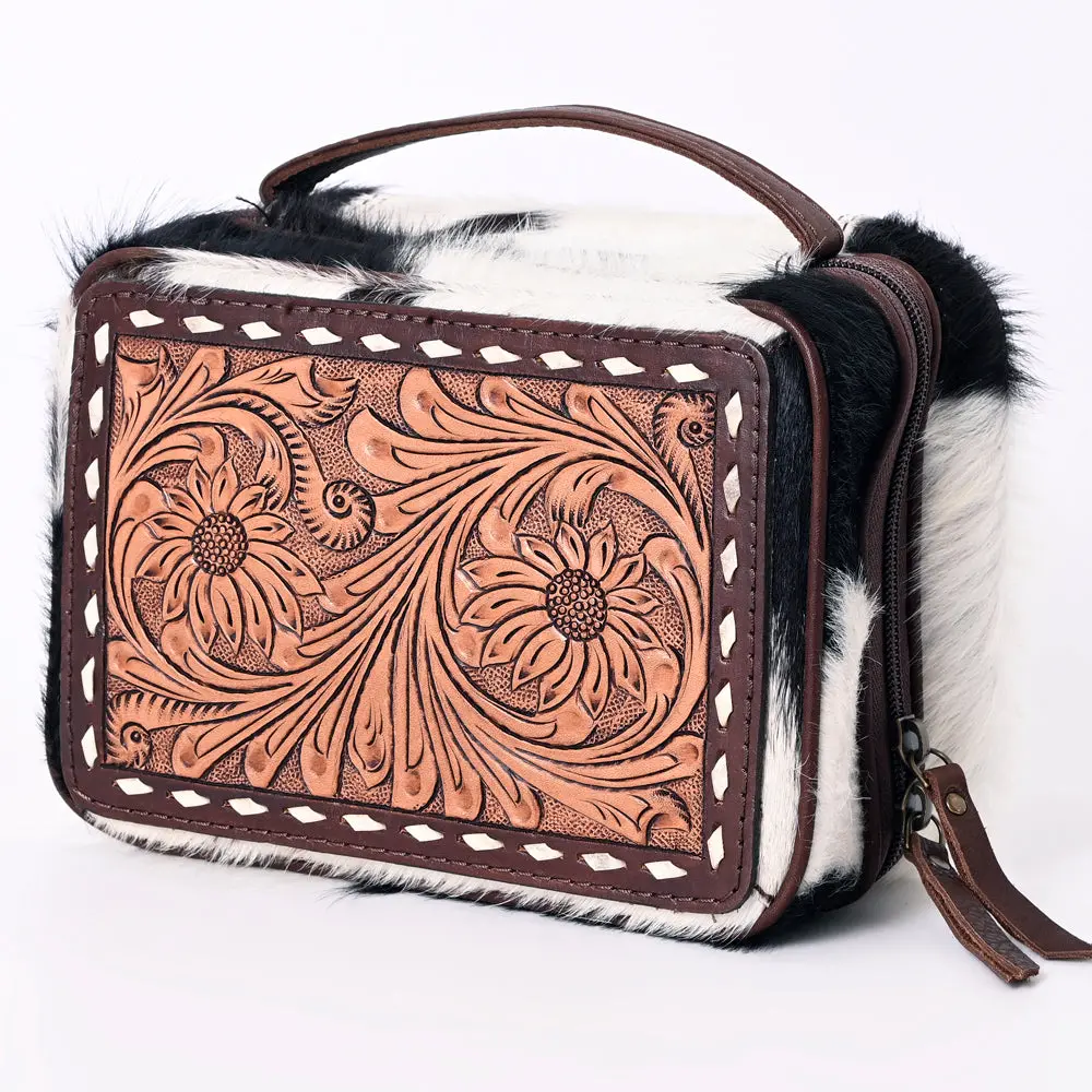 American Darling Jewelry Case For Women - Hand Tooled Floral Carved Leather, Hair-On Cowhide & Buck Stitched Organizer 1