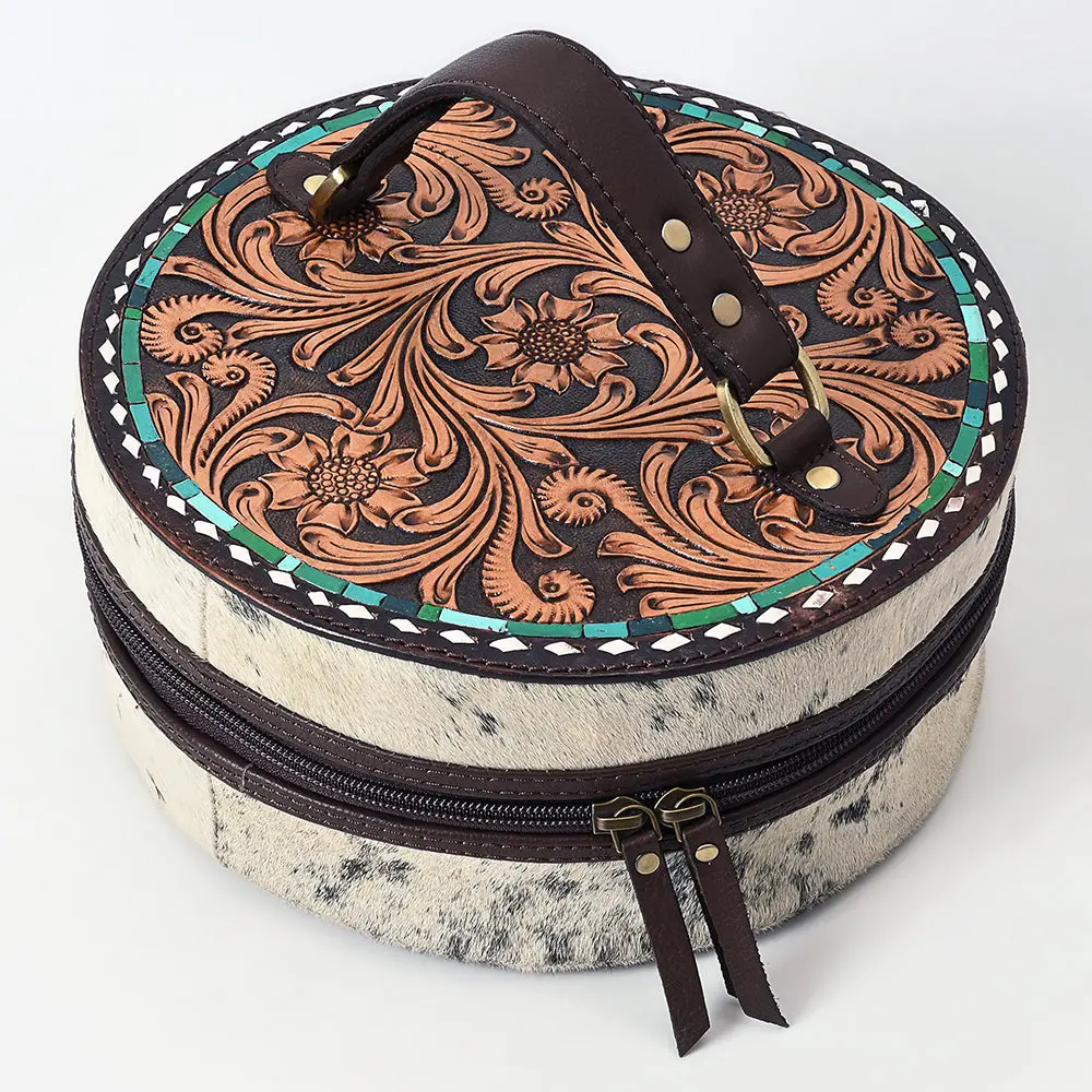 American Darling Jewelry Case For Women - Circular Hand Tooled Floral Carved Leather, Hair-On Cowhide & Buck Stitched Organizer 1
