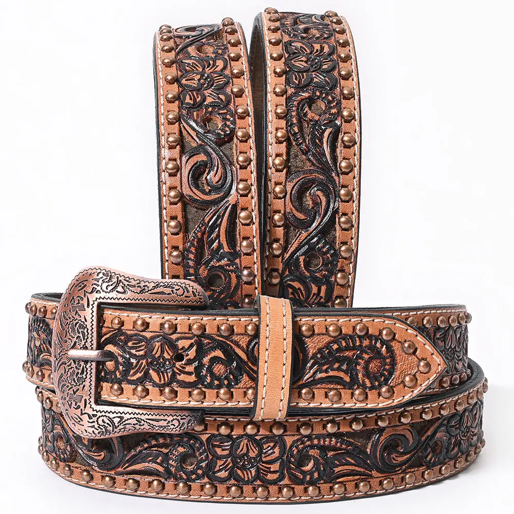 Bar H Equine Brown Turquoise Buckstitch Floral Carved Genuine Leather Men & Women Belt Unisex Western With Removable Buckle 1