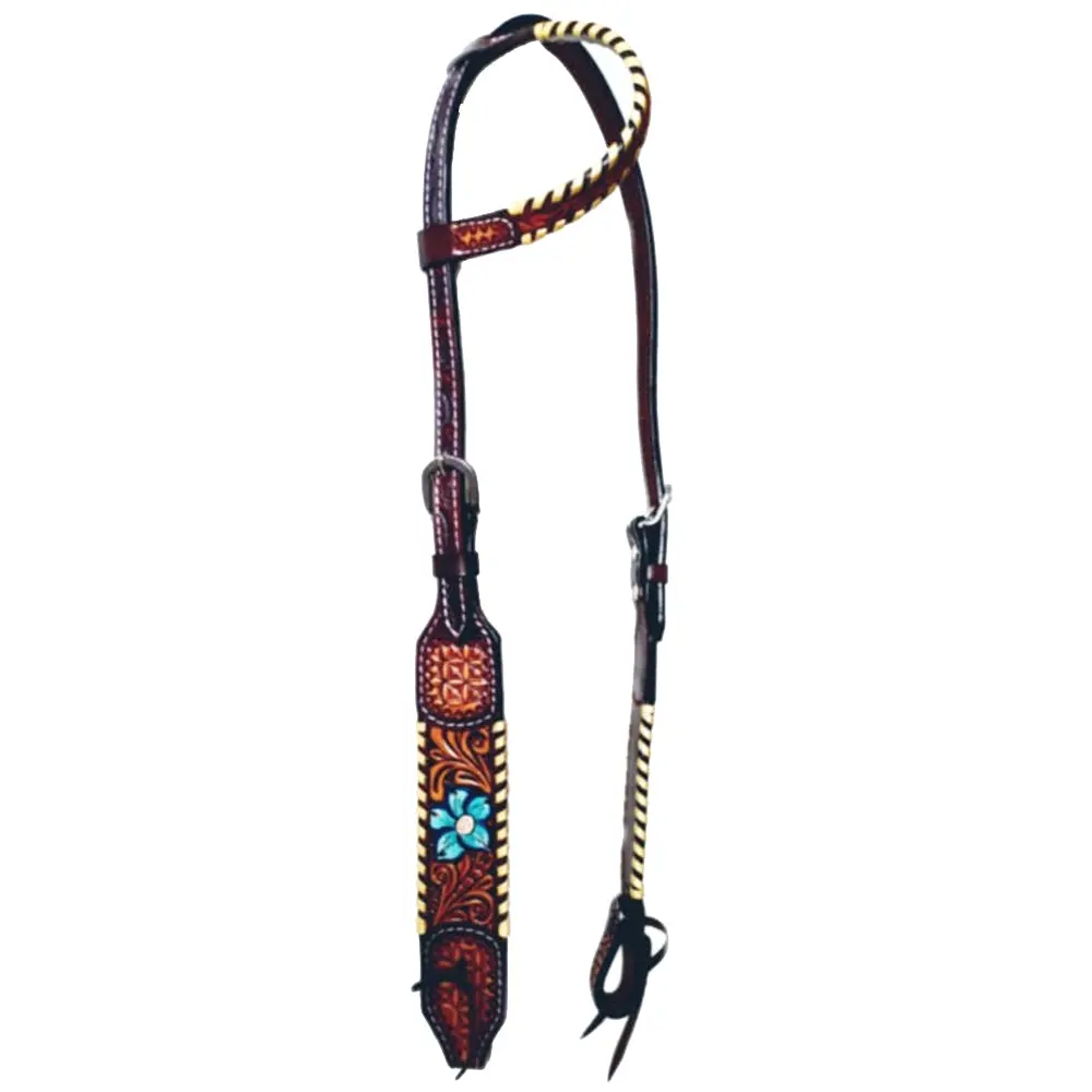 Bar H Equine Horse Leather Turquoise Floral Hand Painted One Ear Headstall Brown 1