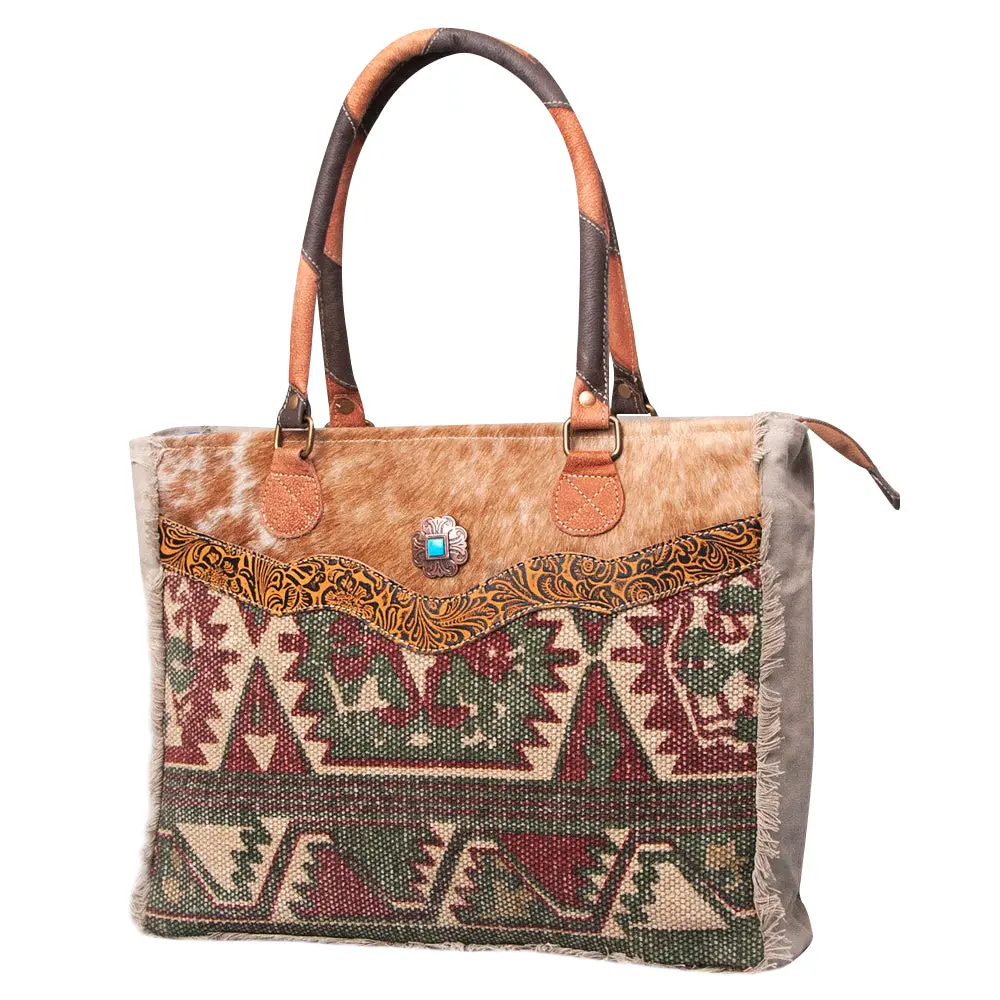 Ohlay Kb472 Tote Upcycled Wool Canvas Embossed Hair-On Genuine Leather Women Bag Western Handbag Purse 1