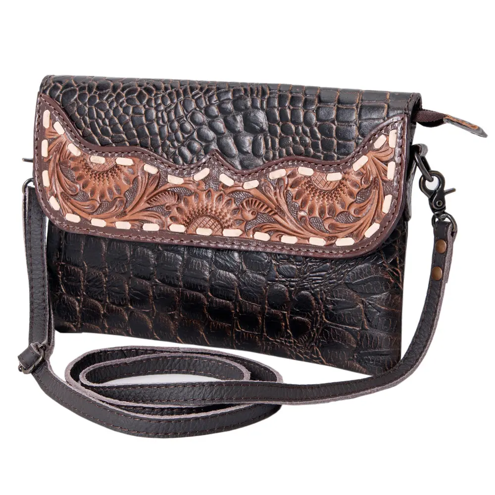 Ohlay Wallet Hand Tooled Crocodile Embossed Genuine Leather Women Bag Western Handbag Purse 1