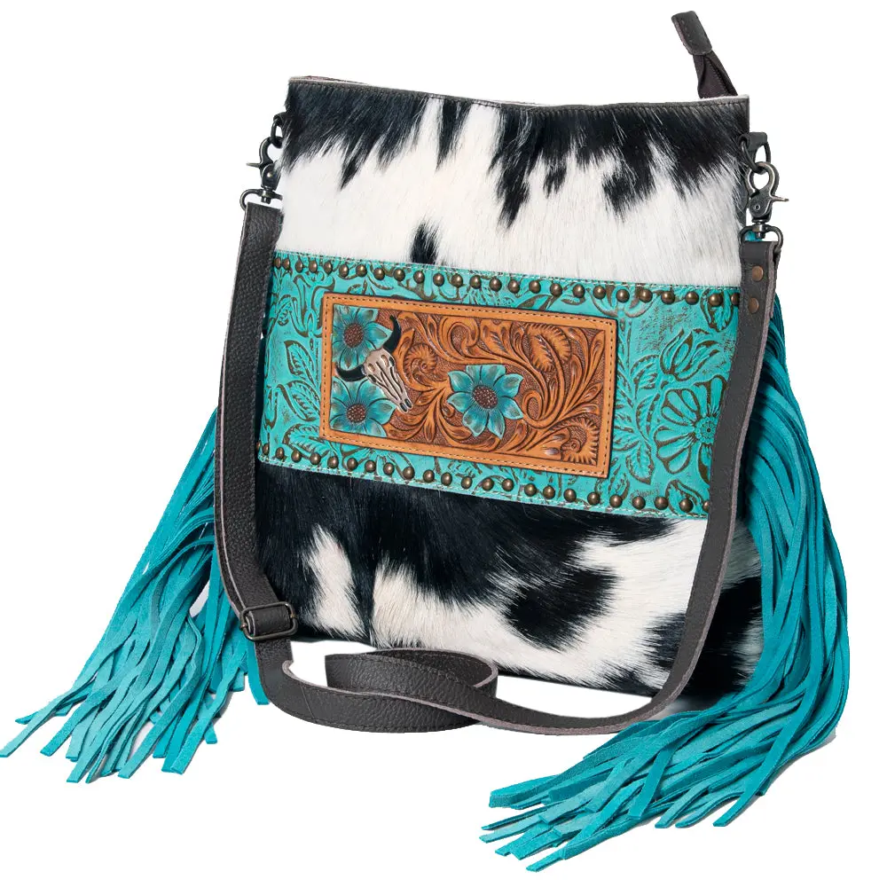 Ohlay Messenger Hand Tooled Embossed Hair-On Genuine Leather Women Bag Western Handbag Purse 1