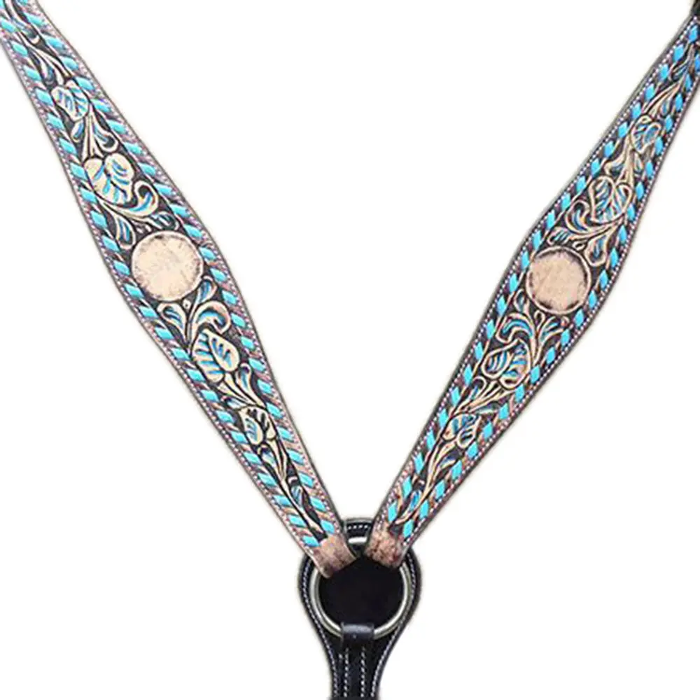 Hilason Western Horse Genuine Leather Roughout Dark Brown Breast Collar With Turquoise Side Buck Stitch 1