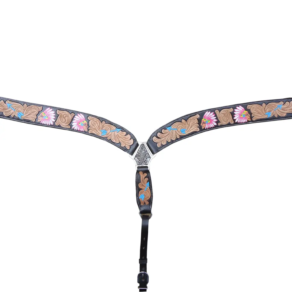 Hilason Western Horse Genuine Leather Floral Hand Painted Breast Collar Brown 1