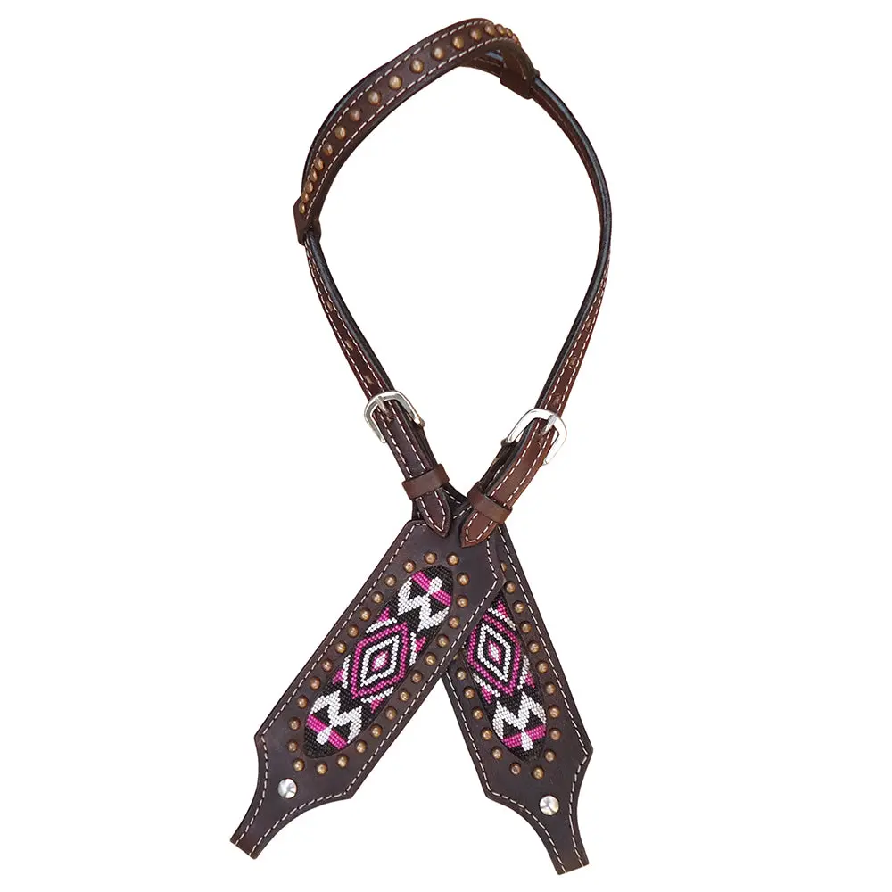 Hilason Western Horse Headstall Leather Beaded Inlay Dark Brown 1