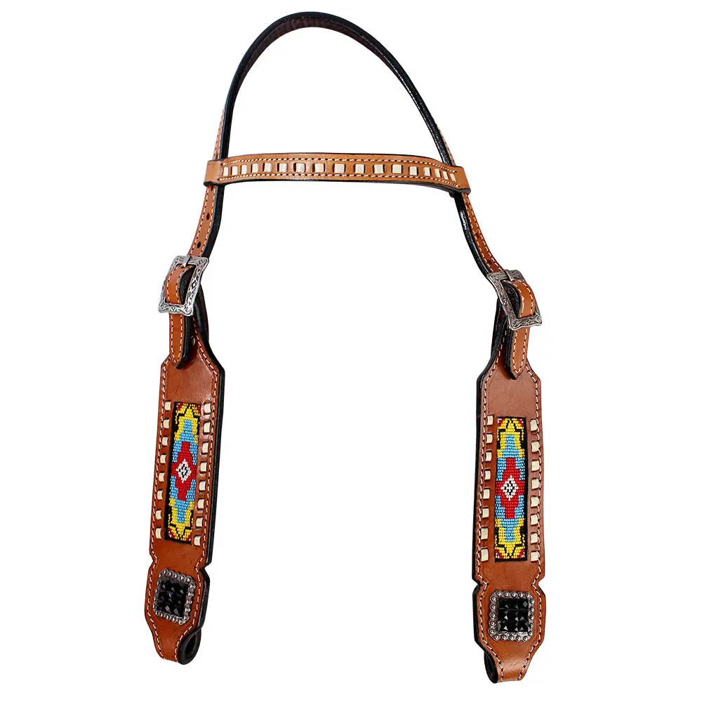 Hilason Western Genuine Leather Horse Headstall Tack Dark Brown Beaded 1