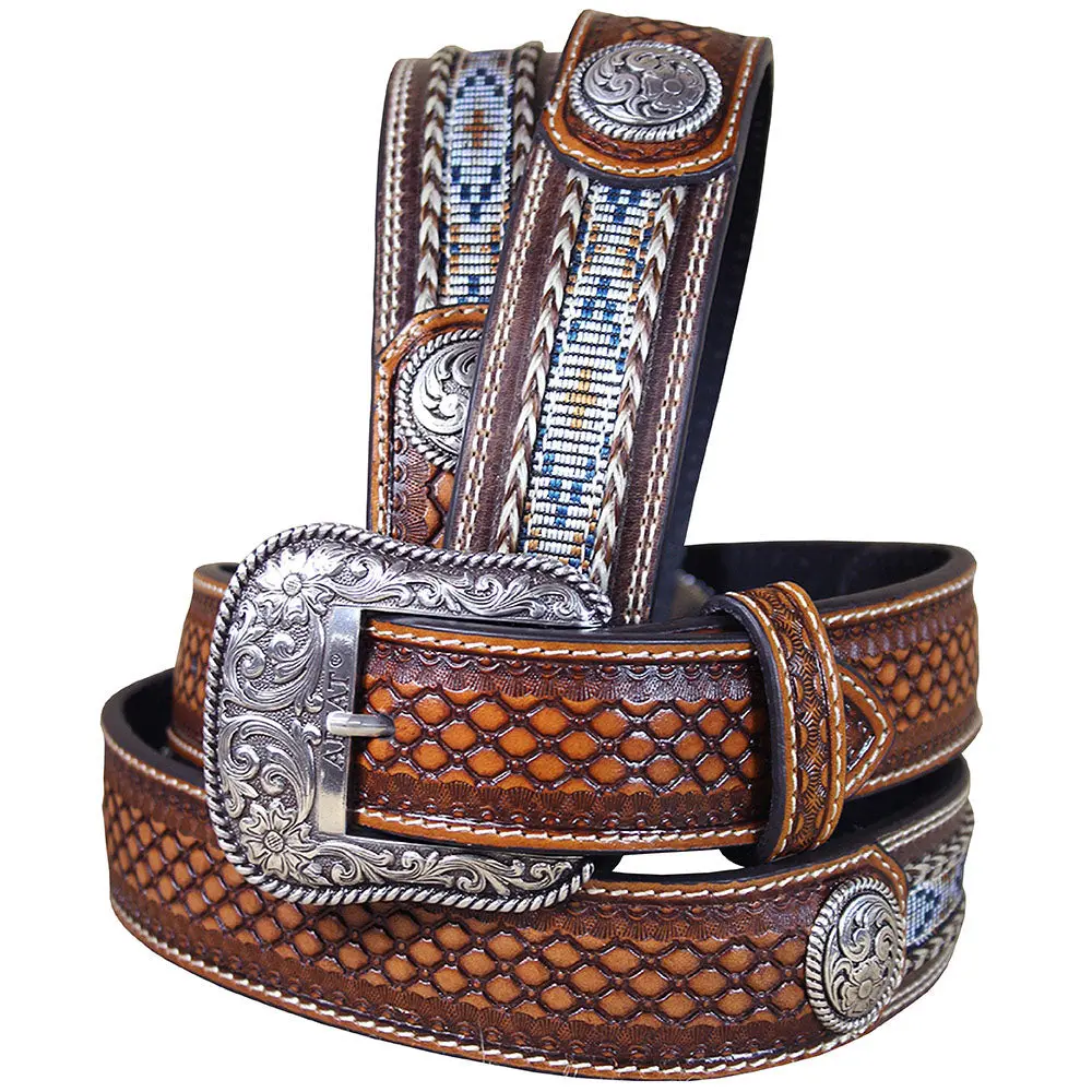 32-46 In Western Ariat Belt Leather Mens Basketweave Conchos Brown 1