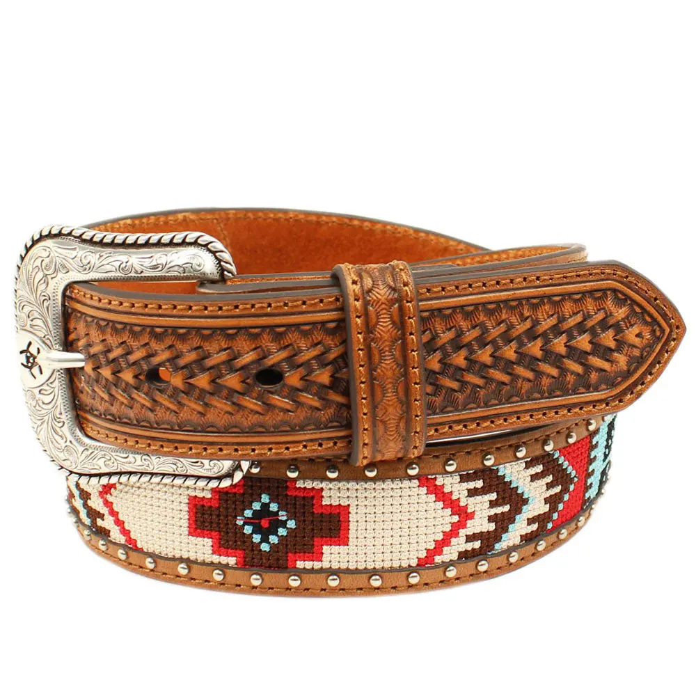 Ariat Western Belt Men Nailhead Fabric Center Round Concho 1