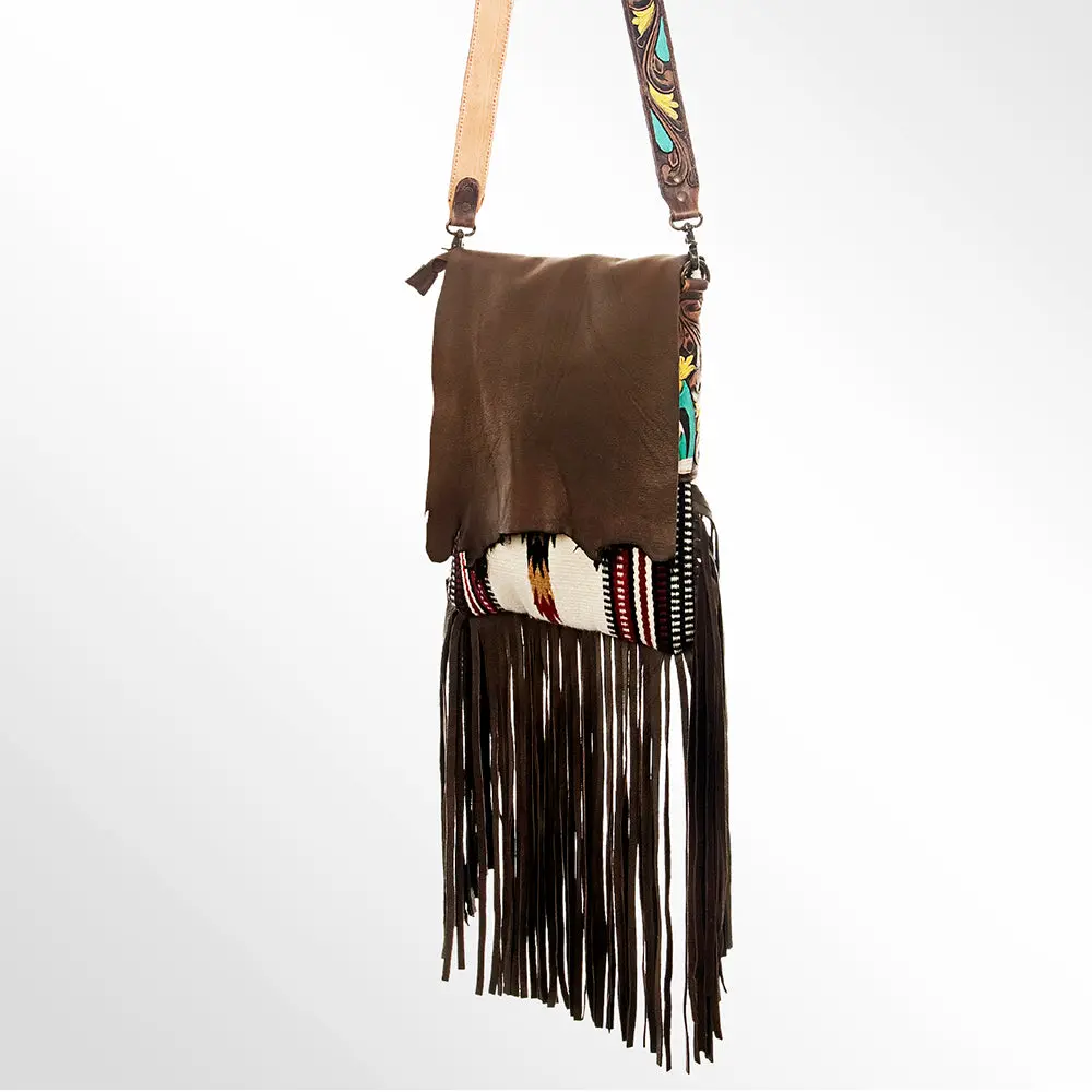 American Darling Cross Body Bag Hand Tooled Floral Carved Genuine Leather Western Purse With Woven Saddle Blanket & Fringes 1
