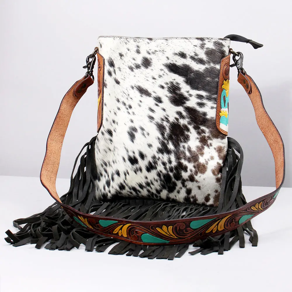 American Darling Large Cross Body Bag Hand Tooled Floral Carved Genuine Leather Western Purse With Cowhide And Fringes 1