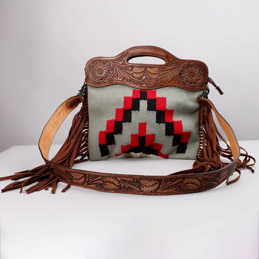 American Darling Clutch Bag Hand Tooled Floral Carved Genuine Leather Western Purse With Hand Woven Saddle Blanket & Fringes 1
