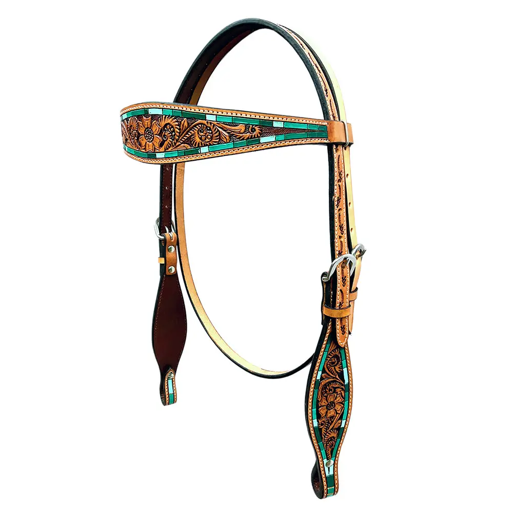 Bar H Equine Horse Genuine Leather Floral Design Breast Collar ,Headstall Brown 2