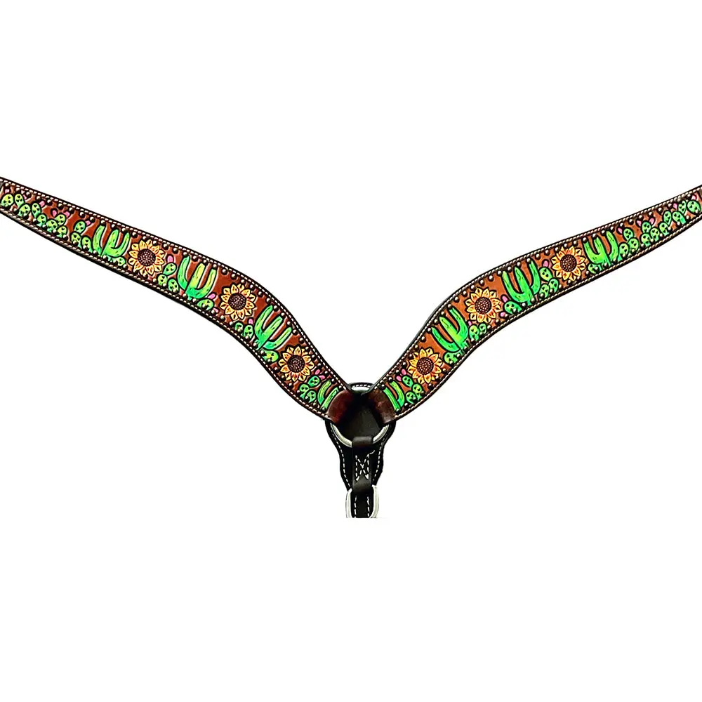 Bar H Equine Horse Genuine Leather Floral Cactus Hand Painted Breast Collar ,Headstall Brown 1