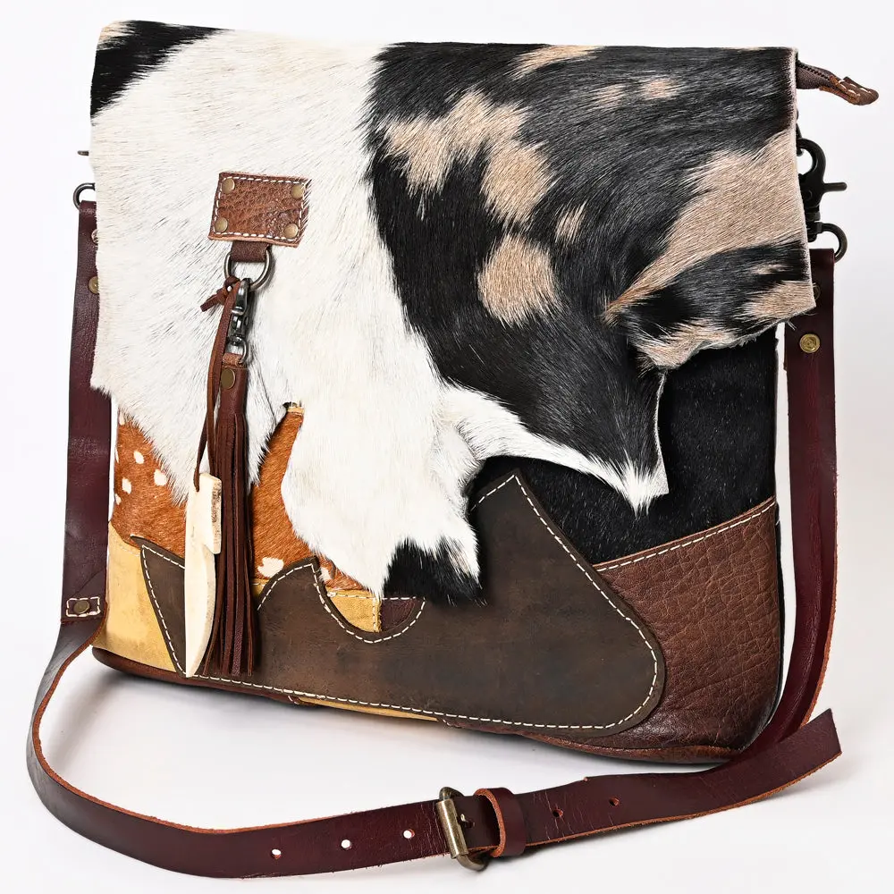 Western Leather Crossbody Bag With Hair-On Cowhide & Fringe Tassels, Genuine Leather, Handcrafted In Texas 1