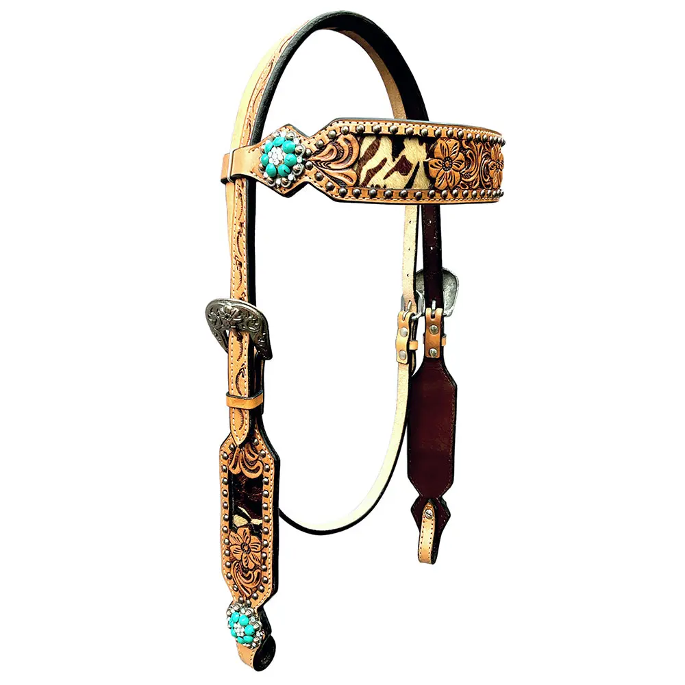 Bar H Equine Horse Genuine Leather Floral Design Breast Collar ,Headstall Tan 2