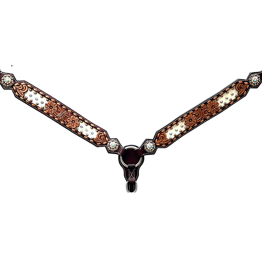 Bar H Equine Horse Genuine Leather Floral Design Breast Collar ,Headstall Brown 1