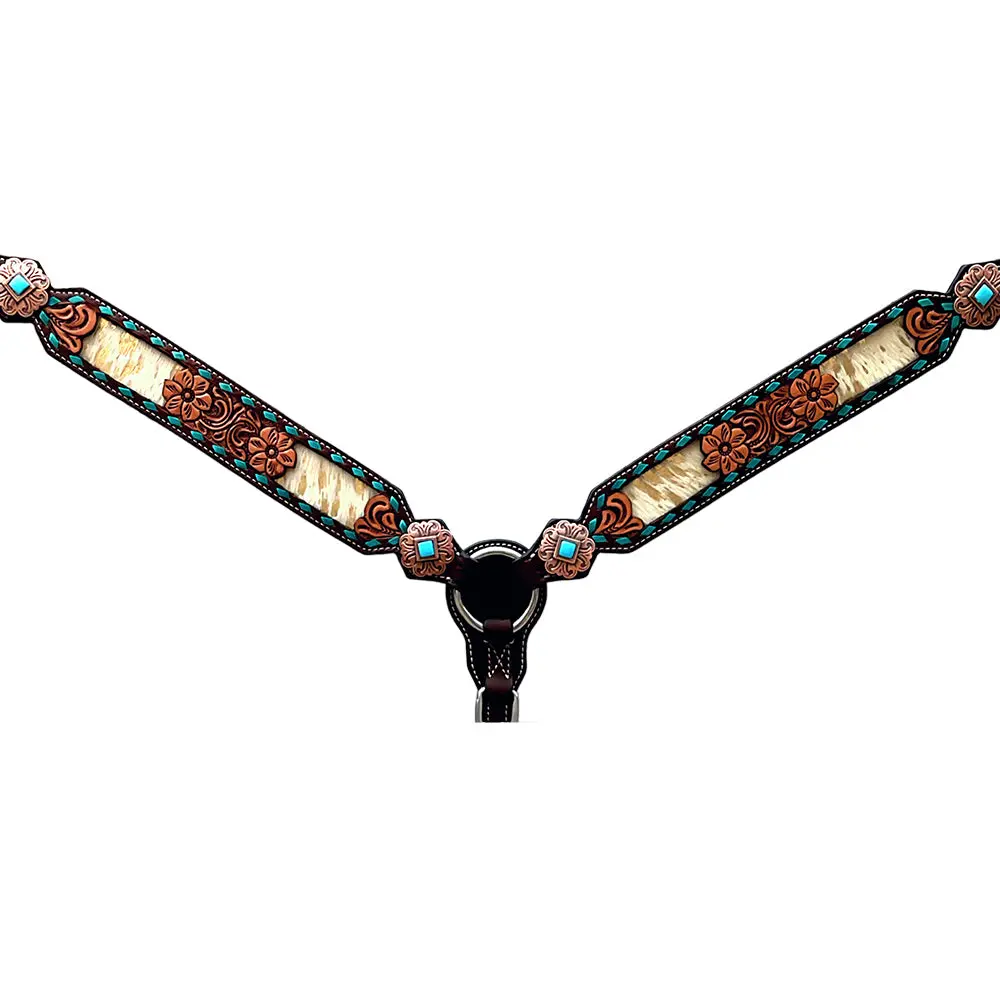 Bar H Equine Horse Genuine Leather Floral Design Breast Collar ,Headstall Brown 1